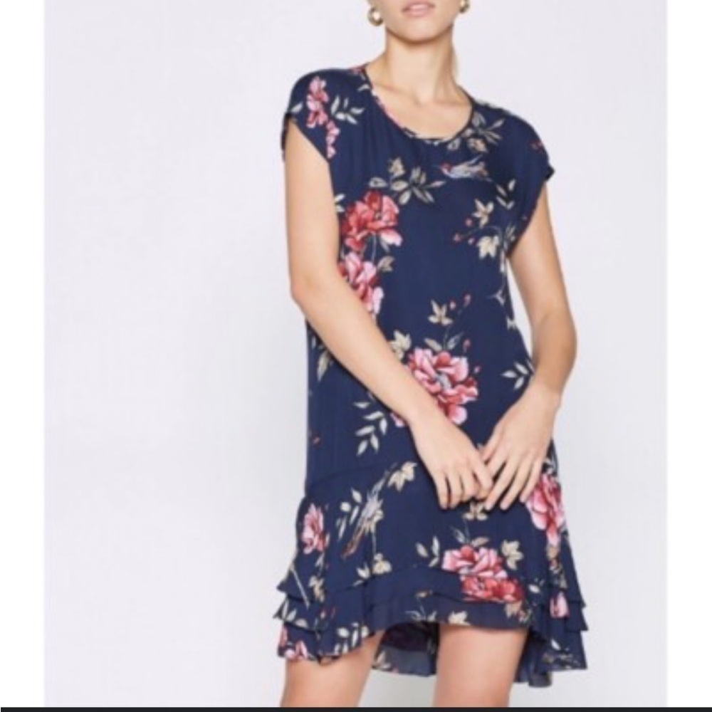 Joie Coreen Navy Blue Floral Ruffle Hem Silk Mini Dress